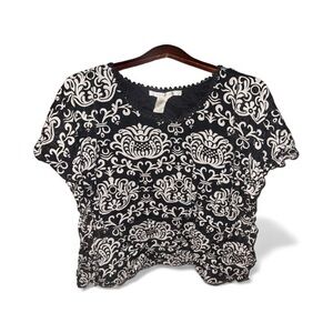 Max Studio Oversized Black and White Patterned Sheer Boho Vacation Top Blouse